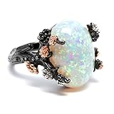 Henrietta Simulated White Fire Opal Ring for Women by Ginger Lyne | Gothic Elven Black and Rose Gold Plated Accents Tree Branch Setting with Cubic Zirconia | Fantasy Promise Statement Jewelry