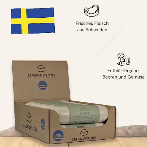 MAGNUSSONS Sport (12 x 650 G) | Geeignet für Welpen, Junghunde und Erwachsene Hunde Aller Rassen | Alleinfuttermittel | Dampfgegart | enthält frisches Fleisch vom Rind und Schwein