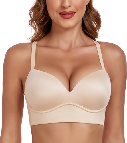 Lemorosy Women's Plunge Push Up Bra Seamless Padded Wireless Comfort Longline Bralette(Beige,32DD) - Image 3