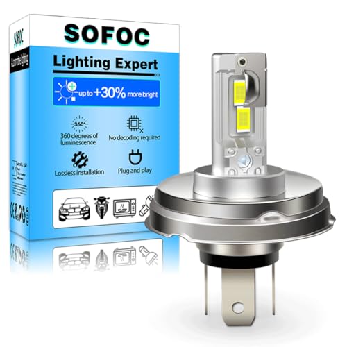 SOFOC P45T Bombilla R2 Led 500% Más Brillante Que Las Halógenas Faros Para Motocicletas/Automóviles Blanco DC 12V-18V 60W 4000 Lm Diseño De Luz Alta Y Baja 1Pcs