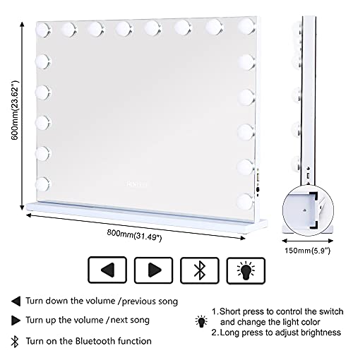 Bobening Vanity Mirror For Makeup Bluetooth, Extra Large Hollywood Lighted Mirror With 18 Dimming Led Bulbs Smart, Tabletop/Hanging Cosmetic Mirror With Touch Screen & Usb Charging Port & Speaker #TOP5