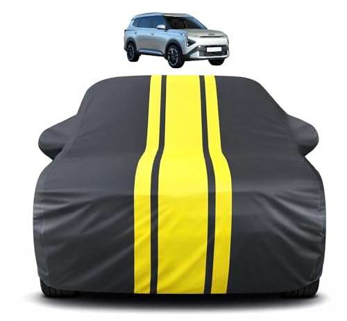 Image of Auto Hub Car Cover Compatible with Kia Carens Clavis with Mirror Pocket, Soft Cotton Lining, Carens Clavis Car Cover Waterproof - Yellow-Black