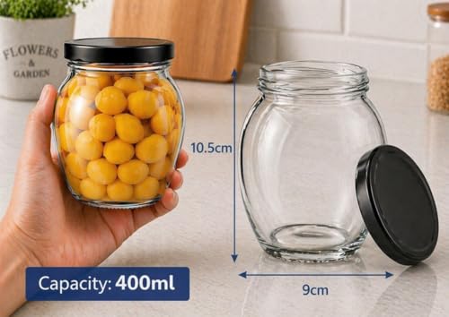 Image of Glass Kitchen Storage Jar Set of 6 (400 ml Each) with Airtight Metal Lid | Kitchen Containers for Spices, Dry Fruits, Pickle & Snacks | Clear Durable Food Grade Glass Jars