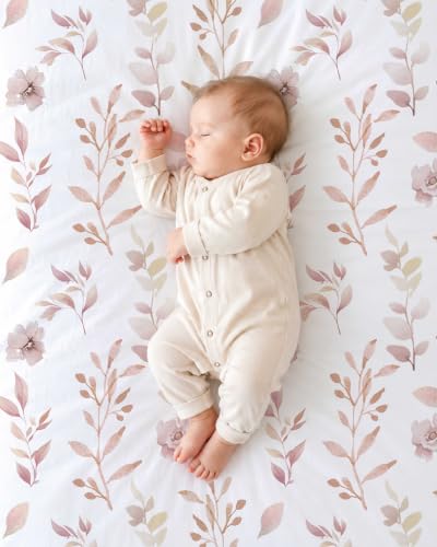 Image of Crib Sheets for Boys and Girls, 2 Pack Fitted Baby Sheets for Standard Toddler Mattress 28 inch x 52 inch, Soft Breathable Jersey Knit Baby Bedding (Floral Fawn)