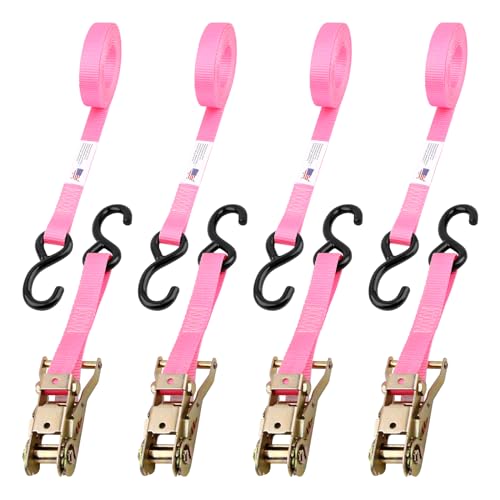 Heavy Duty Ratchet Strap – (4PK) Premium Tie Down Straps for Moving & Securing Cargo – Coated Deep S-Hook & Extra Safety with Lockable Release - Made in USA (Pink, 8 FT)