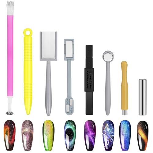 LOPHE Imán de Ojo de Gato, 8 Pcs Kit Juego de Imánes de Ojo de Gato, Fáciles de Usar Imanes para Uñas de Ojo de Gato, Herramientas Multifuncional Nail Art Magnet Tool, Esmalte de Gel UV Palos Imán