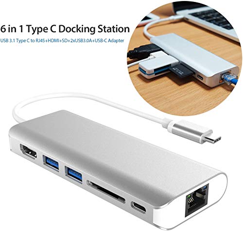 Image of ELECTRO WOLF Type C USB C Hub, 6-in-1 Type C Adapter with 1Gbps RJ45 Ethernet Port, 4K HDMI, 2 USB 3.0, SD Card Reader, 60W PD Charging Port for USB Type C Windows Laptop