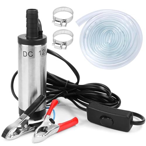 Fuel Transfer Pump 12v Diesel Pump for Oil Transfer Submersible Water Pump for Caravan Boat Car Tank Motorhome Bilge with 3 M Hose,2 Hose Clamps (12V Battery)