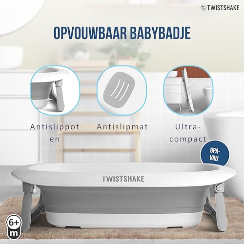 Twistshake faltbare und rutschfeste Babybadewanne | Ergonomisch zusammenklappbar und sicher | Tragbare Badewanne für Kleinkinder | Duschwanne für Kleinkinder | 0+ Monate | Kapazität: 30L | Grau Weiß