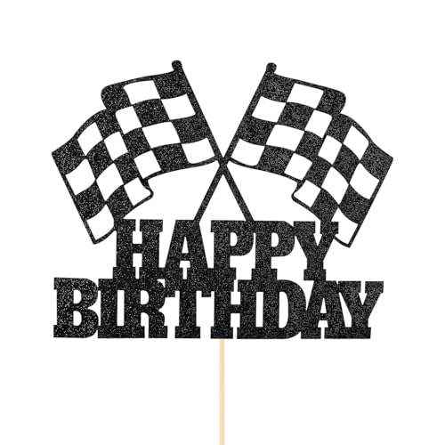 Tabanzhe Racing Car Cake Topper Happy Birthday Race Car Checkered Flag Cake Pick Cupcake Decorations for Race Car Themed Party Supplies Baby Shower Birthday Party