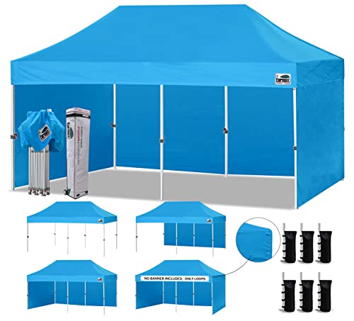 Image of Eurmax USA 10x20 Pop Up Canopy Tent,Commercial Tent with Patented No-Tip Rolling Bag,4 Zippered Removable Walls,UV & Water Resistant Canopy Top,Heavy Duty Outdoor Gazebo,Instant Shelter(Sky Blue)