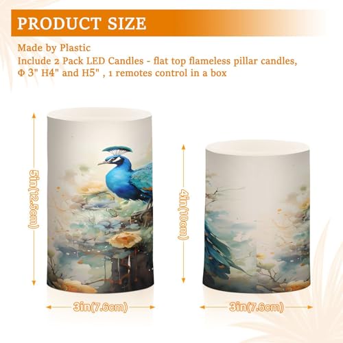 Image of ALAZA Blue Peacock Yellow Flowers Flickering Flameless Candles Battery Operated with Remote Timer,Tea Light Candles LED Pillar Votive Candles Set of 2 for Outdoor Indoor Decorations