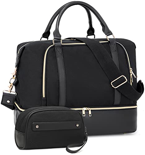 CAMTOP Women Ladies Travel Weekender Bag Overnight Duffel Carry-on Tote Bag fit 15.6 Inch Laptop Computer, Black and white stripe