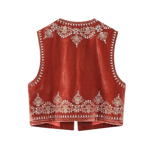Image of Women Vintage Floral Embroidered Vest Y2K Sleeveless Open Front Cardigan Boho Linen Cropped Waistcoat