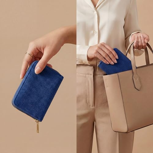 Cartera pequeña mujer pana azul para guardar monedas y tarjetas 6