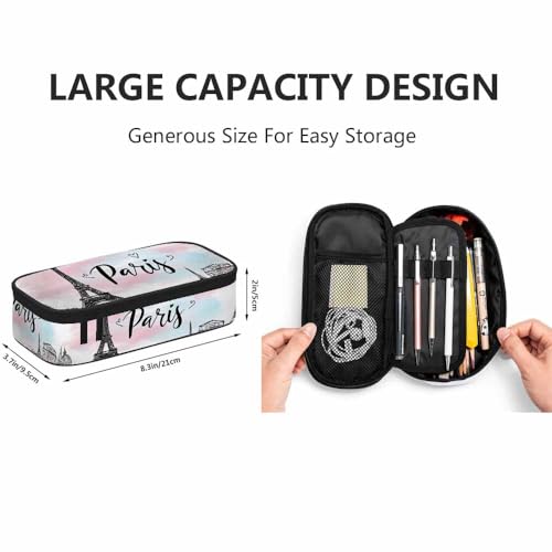 Image of Yekiua Eiffel Tower Pencil Holder Vintage Romantic Paris Flower Love Heart Big Capacity Pencil Case Multi-Purpose Makeup Pouch For Office College Adult Pink