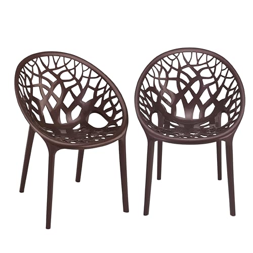 Image of Oaknest Neelkamal Crystal Plastic Chair - Stylish Tree-Design Backrest, Lightweight & Durable for Home, Garden & Patio (Weather Brown), Set of 2 Piece