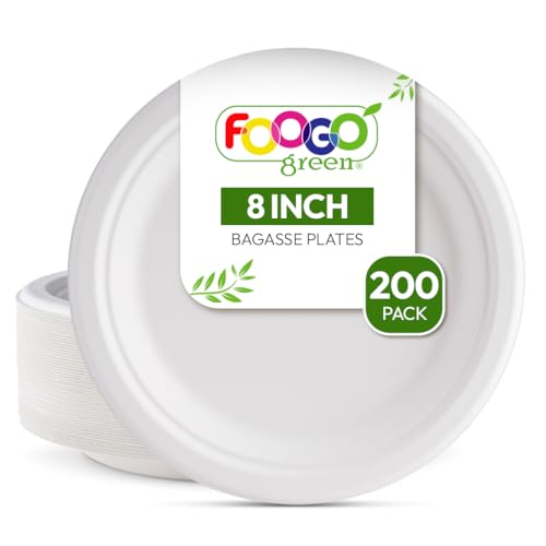 FOOGO Green 200 Platos Desechables de Fibra de Caña de Azúcar, 20 cm, Biodegradables, Compostables, Picnic, Fiesta, Platos Redondos y Resistentes de Papel