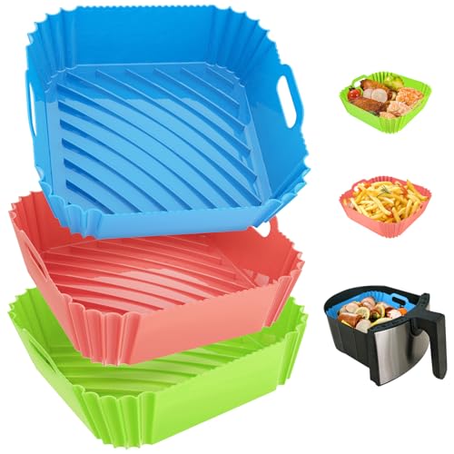 3 Pcs Silicone Air Fryer Liners Square Airfryer Liners 4-7 QT 7.1 Inch Reusable Air Fryer Silicone Pot Oven Liner Baking Tray, Air Fryer Basket Silicone Mat Bowl Air Fryer Accessories Kitchen Gadgets -  Seropy