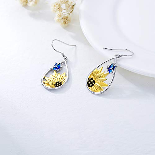 Sunflower Teardrop Dangle Earrings With Blue Butterfly 925 Sterling Silver Boho Bohemian Sunflower Floral Dangling Hook Flower Drop Earrings For Women Mothers Day Gifts #TOP3