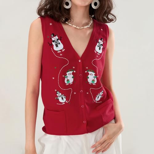 Image of KMBANGI Women Christmas Button Sweater Vest Embroidery Sleeveless Cardigan