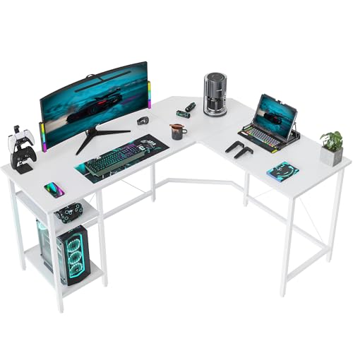 Image of CubiCubi L Shaped Desk, 59.1 Inch Reversible Corner Desk with Storage Shelves, Home Office Desk for Writing Gaming Study, Warm White