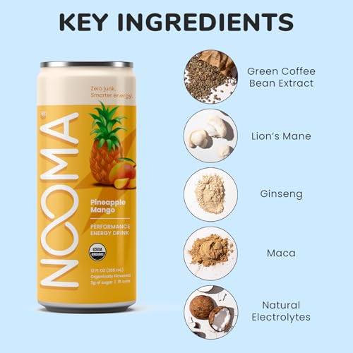 NOOMA - Performance Energy Drink - Pre Workout Drink - Nootropics, Adaptogens + Electrolytes - Organic & 0 Added Sugars -120mg Clean Caffeine, 15 Calories & 2g Sugar -Pineapple Mango -12 Pack -12oz ea
