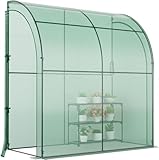 Picture of Happygrill Walk-in Greenhouse with 3-Tier Flower Rack, Weatherproof PE Cover & Roll-up Zipper Doors, Lean-to Greenhouse for Garden, Backyard, Balcony