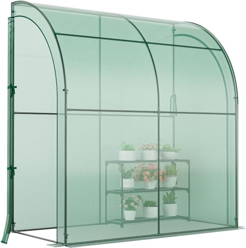 Happygrill Greenhouse, Lean to Greenhouse with 3 Tiers Flower Rack, Weatherproof PE Cover & Roll-up Zipper Doors, Greenhouses for Outdoors Garden Backyard Balcony