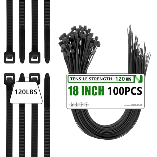 MasiStranth 100PCS 18 inch Black Zip Ties 120LBS Tensile Strength Self-Locking heavy duty UV Resistant Cable Tie Wraps for indoor and outdoor use(Black)