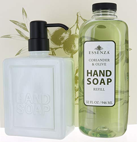 Essenza Coriander & Olive Hand Soap 16.9 FL and Refill 32 FL, Hand Painted Glass, Paraben Free, 100% Vegan