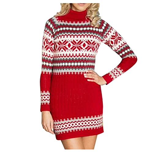 Weihnachtspullover Kleid Damen Warm Winterkleid Vintagre Norwegisches-Muster Pulloverkleider Pullikleid Langarm Weihnachtskleid Slim Fit Minikleid...