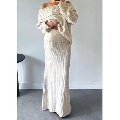 Knit Skirt Sets for Women 2 Piece,Knitted Off-Shoulder Top Knitted Skinny Maxi Skirts 2Piece Set,Loose Fall Casual Outfits4