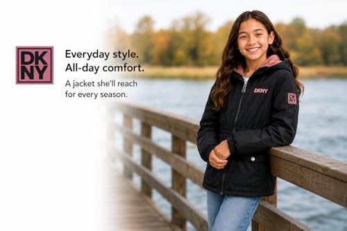 Image of DKNY Girls Midweight Jacket - Cozy Sherpa Fur Lined Water Resistant Hooded Anorak Windbreaker Zip Up Jacket for Girls