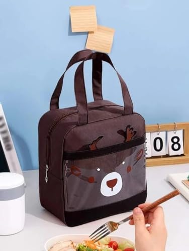 Image of CoolKraft Lunch Bag for School Kids, Girls, Cute Animal Design Bag, Lunch Bag for Office Women Travel Picnic Bag, Insulated Portable Tiffin Bag 29 x 18.5 x 14 cm (Pink + Brown)