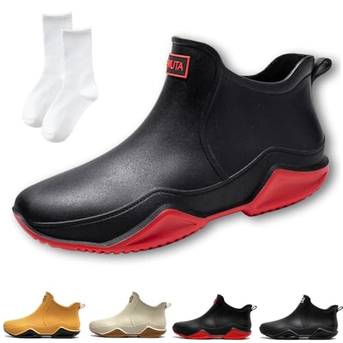 Utrum Zemure Rainies, Waterproof Non-Slip Rain Boots for Outdoor, Trendy Short Rain Boots for Women Men, Anti-Slipping Fishing Garden Mud Rubber Boots for Wide Width(Black+Red,11/42)