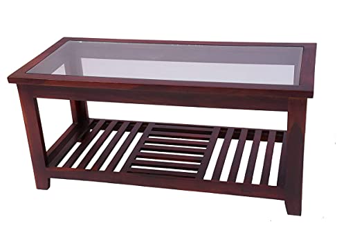 Image of Solid Sheesham Wood Modern Rectangular Coffee Table with Glass Top for Living Room with Bottom Storage Shelf /Glass Center Table for Sofa (Mahogany)