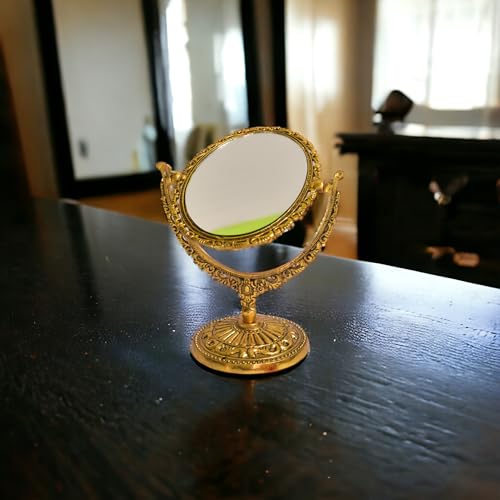 Image of KridayKraft Aluminium Makeup Mirror Dual Sided Magnification for Easy Makeup (Golden), Oval, Tabletop