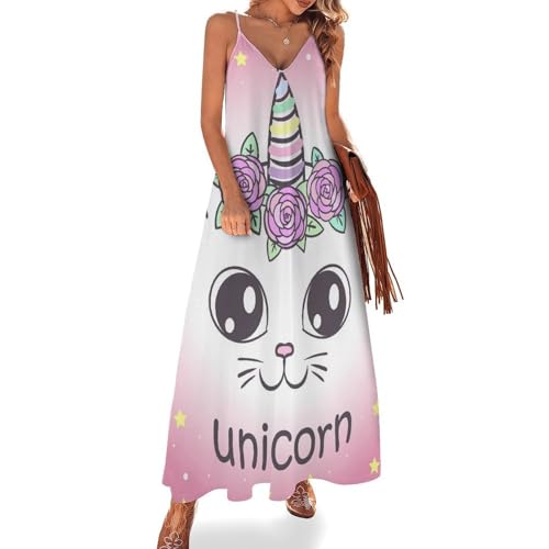 Robe longue pour femme d'été maxi chat rose licorne sans manches