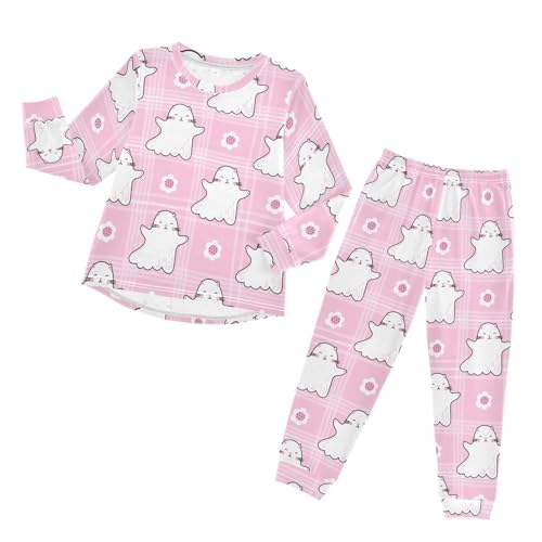 Long Sleeve Pajama Set for Girls Boys Kids,Ghost Cats Pastel Pink Comfy Nightwear Soft Loungewear,Family Matching PJs Underwear Set 3T