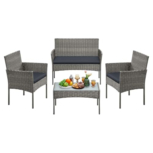 SONGMICS Gartenmöbel-Set, 4-teilig, Balkonmöbel aus PE-Polyrattan, Tisch, 2 Stühle, 2-Sitzer-Bank, Lounge-Möbel Outdoor, Terrassenmöbel, für Terrasse, Balkon, grau GGF004TZ01
