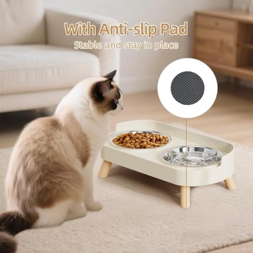 Image of Elevated Cat Feeder Bowl, Anti-Choking Raised Cat Food and Water Bowl with Wooden Stand, Pet Feeding and Drinking Supplies for Small and Medium Sized Dogs (Cat Bowls-White)