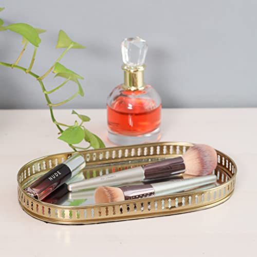 Image of Craft Brio -A TRENDY HANDICRAFTS Oval Glass Mirror Gold Plated Serving Tray Decorative Diwali Gifting Vanity Perfume Storage Pooja Wedding Gifting Trays (28 X 16 cm)