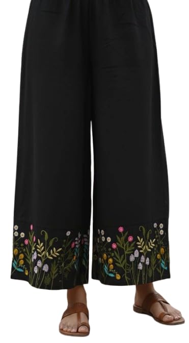 Ananya Fashion,White Wide-Leg Palazzo Pants with Floral Embroidery Border, Drawstring Waist, Size 30 to 44-picture-49