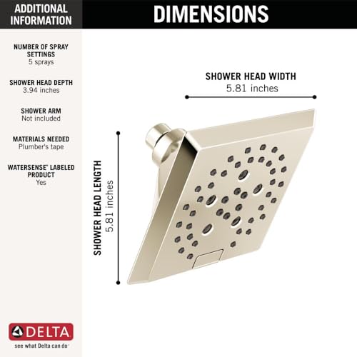 Image of Delta Faucet 5-Spray H2Okinetic Raincan Shower Head, Polished Nickel Showerhead, Square Shower Head, Delta Shower Head, Water Saving Shower Head, Lumicoat Polished Nickel 52664-PN-PR