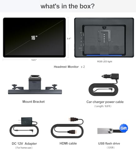 Image of 16 inch Car TV Headrest Monitor for Cars Back seat Universal Rear Entertainment System, Support Phone Wireless Mirror Link Touch Screen 4K,with WiFi /Bluetooth /HDMI /USB /Video Player (2G+32G(1*PC))