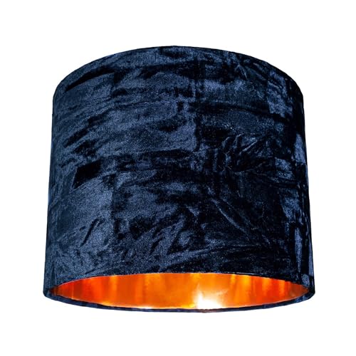 Modern and On-Trend Vivid Midnight Blue Crushed Velvet Fabric 8" Table or Pendant Circular Drum Lampshade with Shiny Copper Inner