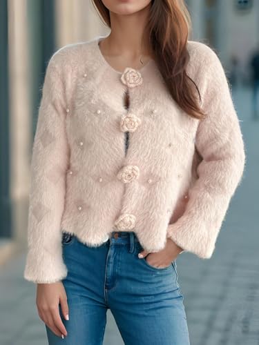 Women's Mohair Sweater – Fuzzy Mohair Cardigan Pearl Soft Chunky Button-Up Fuzzy Sweater for Women3