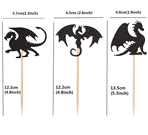 24Pcs Black Glitter Dragons Set Cupcake Toppers Theme Party Cake Decorating Supplies #TOP2