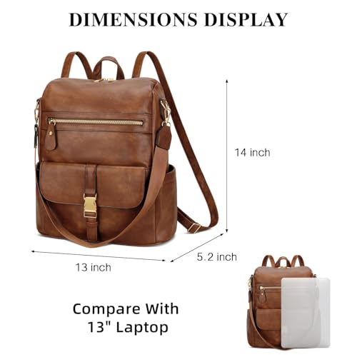 Image of KKXIU Backpack Purse for Women - Multi-pocket Leather backpack for Travel, Work & School with Anti-Theft Lock Pocket, Luggage Strap & Water Bottle Pockets - 13x14x5.2 Inch (B-Brown)